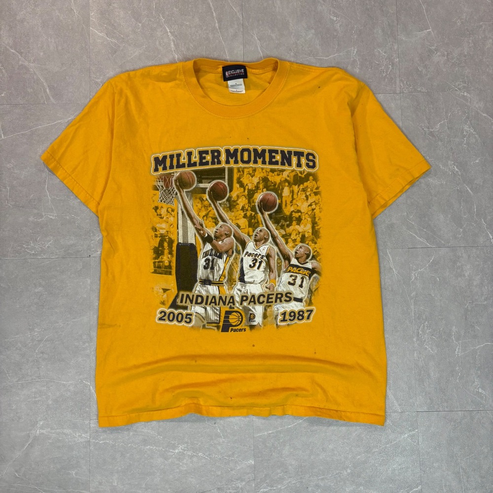 NBA Indiana Pacers Reggie Miller Moments T-Shirt Gold Mens Large Career Stats